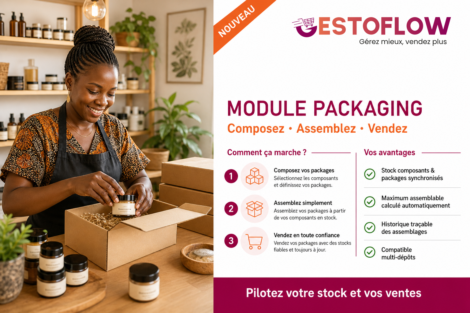 Gestoflow — module Packaging : assemblage de coffrets et vente de lots