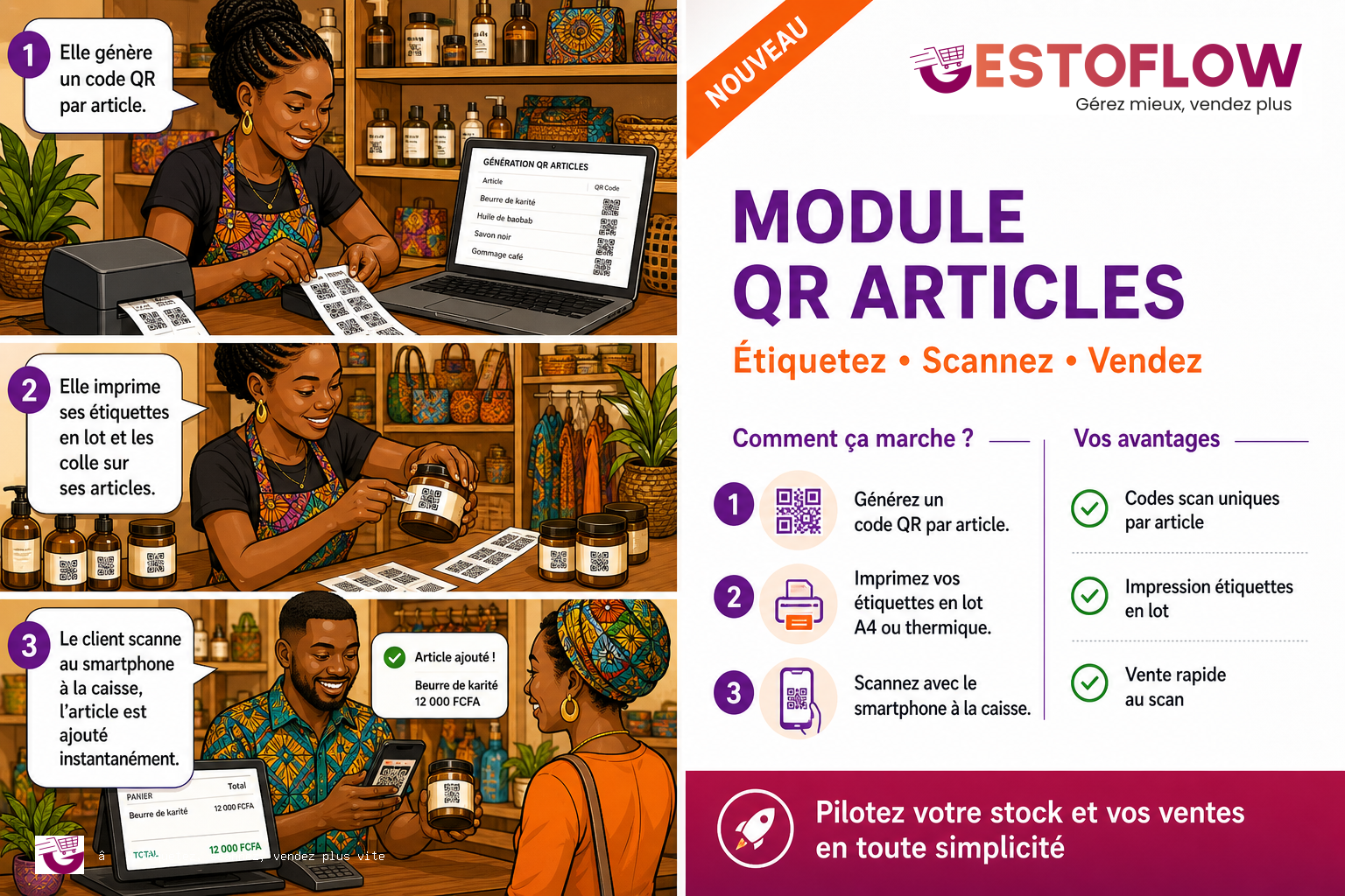 Gestoflow — module QR : étiquettes, codes scan et vente au smartphone